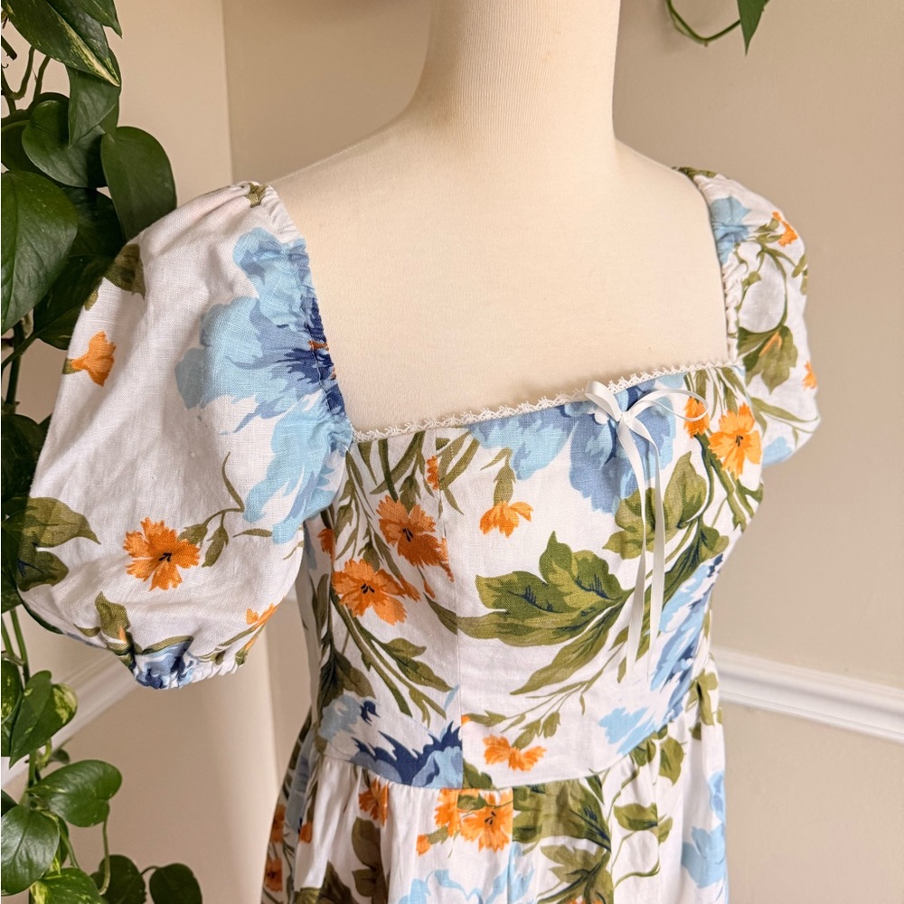 Reformation Marbella Floral Midi Linen A-Line Dress Botanist‎ Puff Sleeve Size 8 - Picture 6 of 15